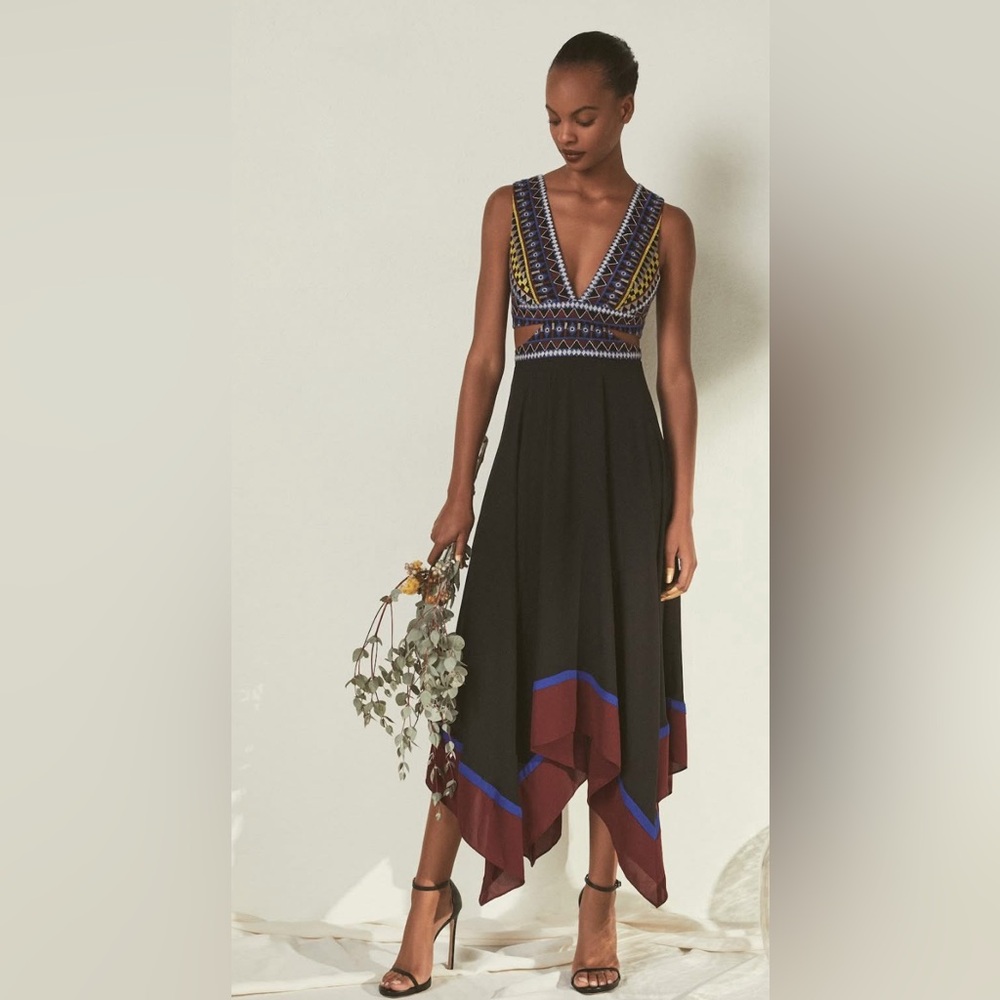 BCBGMaxAzria Black Maxi Dress with Multicolor Embroidered Bodice